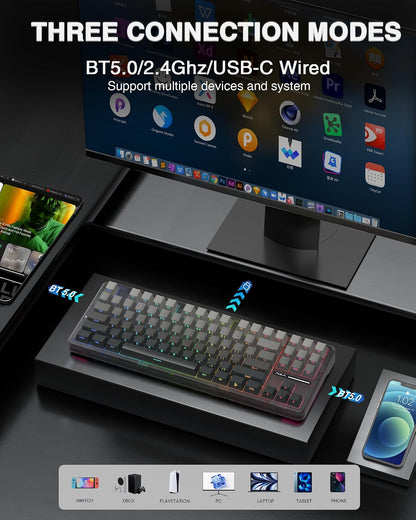 F87 Pro Wireless Mechanical Keyboard,Tri-Mode Bt5.0/2.4Ghz/Usb-C Hot Swappable Custom Keyboard,Pre-Lubed Switches,Side Printed PBT Keycaps,75% TKL RGB Backlit Gaming Keyboards
