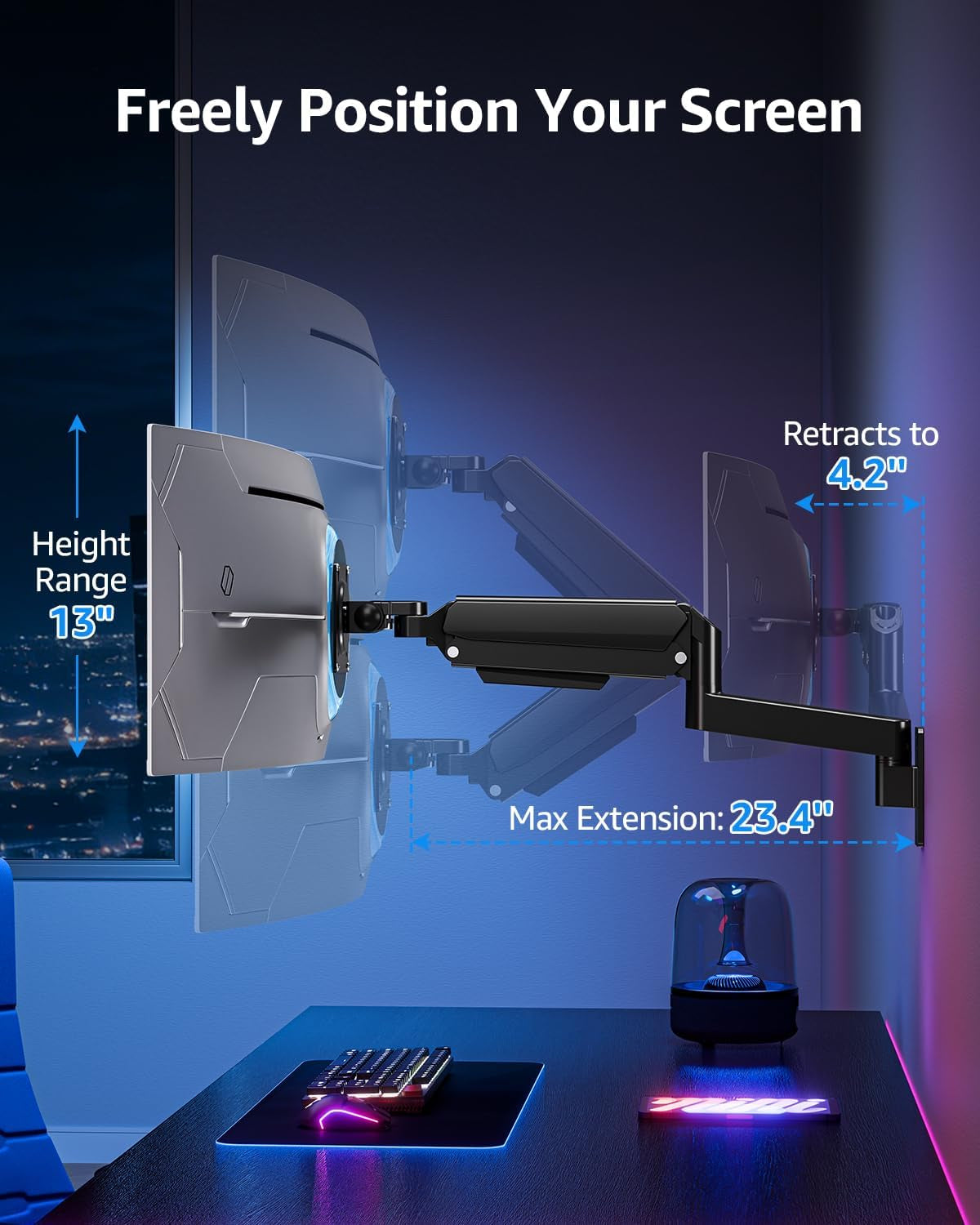 Monitor Wall Mount for 49 45 43 40 35 32 27 24 Inch Screens, Heavy Duty Wall Monitor Mount, Holds 4.4 to 44 Lbs, Ultrawide Monitors Arm Wall Mount, VESA Mount 75X75/100X100Mm