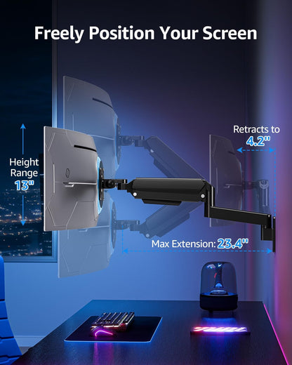 Monitor Wall Mount for 49 45 43 40 35 32 27 24 Inch Screens, Heavy Duty Wall Monitor Mount, Holds 4.4 to 44 Lbs, Ultrawide Monitors Arm Wall Mount, VESA Mount 75X75/100X100Mm