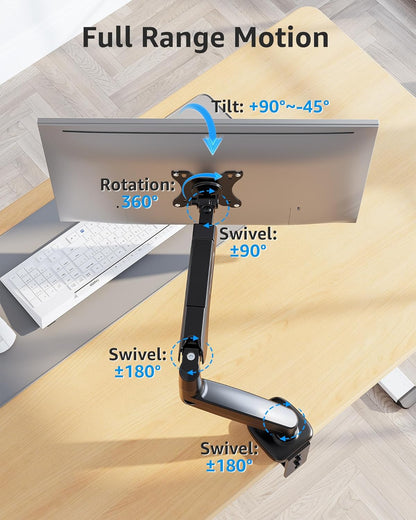 Single Monitor Desk Mount Holds Screen up to 32 Inch, Height Adjustable Monitor Arm, Full Motion Computer Monitors Stand with Clamp/Grommet Base, VESA Mounts Fit 4.4-17.6Lbs Computer, Black