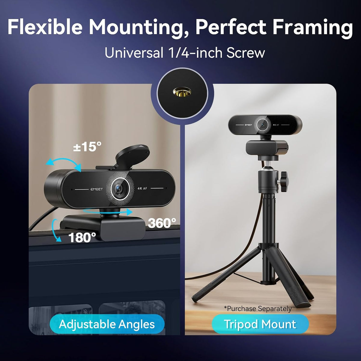 C60E 4K Webcam for Streaming & Gaming，Pdaf Autofocus | Dual Mics, Live Streaming Camera with Auto Light Correction, Plug & Play USB Webcam for PC & Mac