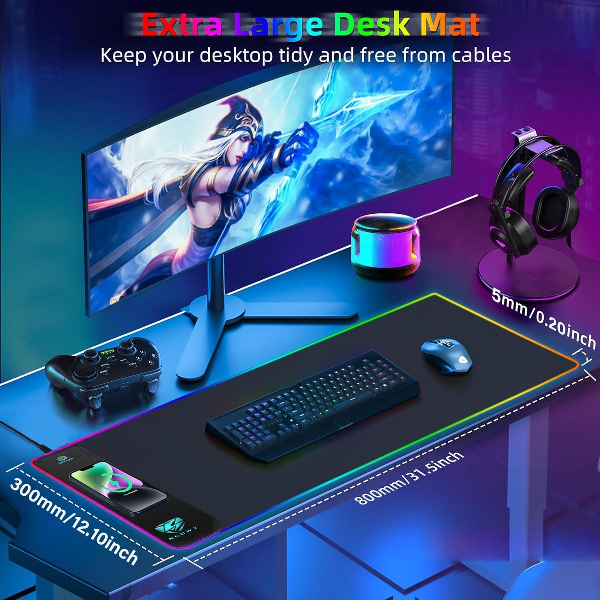 Wireless Charging RGB Gaming Mouse Pad 15W -800X300X4Mm-Fast Charging, Ultra-Smooth Surface, Non-Slip Base, 13 Light Modes - Ultimate RGB Mouse Pad for Gamers - Large Mouse Pad Gaming Mat