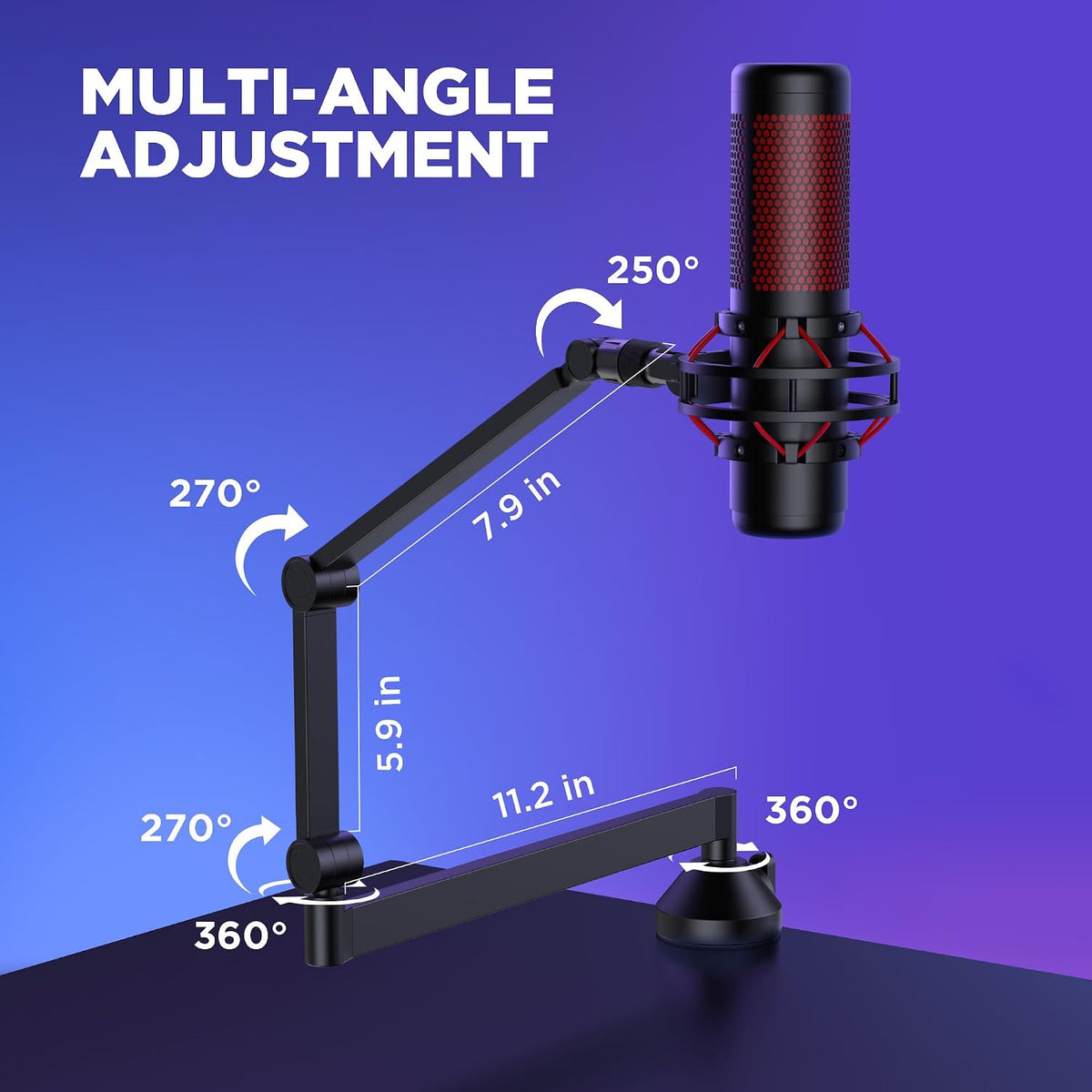 Low Profile Mic Arm Foldable Boom Arm Mic Stand Desk for Fifine | Smooth Adjustment, 360° Rotation, 3.3 Lb Weight Capacity, Horizontal Reach 26.1", 3/8" to 5/8" Adapter, for Desk under 2.75"