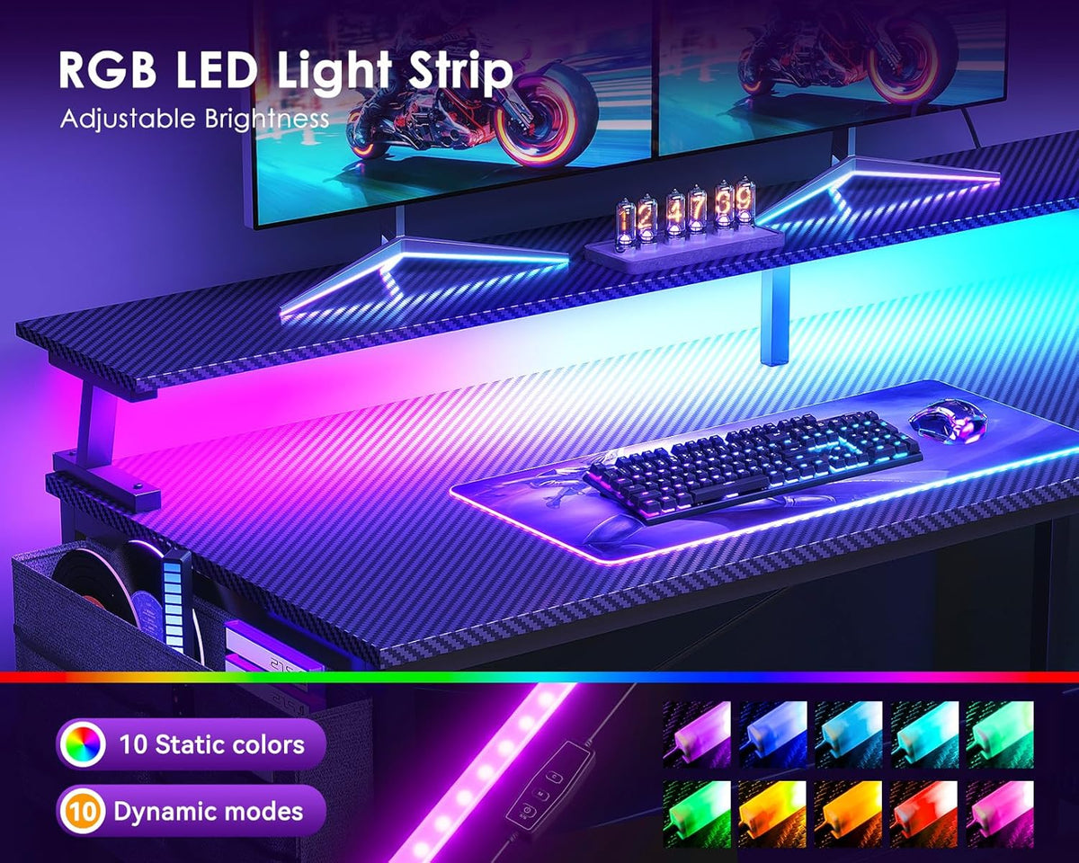 48 Inch L Shaped Gaming Desk with LED Lights, Power Outlets, Black | Adjustable Monitor Stand, Open Storage Shelves, Hanging Side Bag, PC Tower Stand, Reversible Layout for Gaming