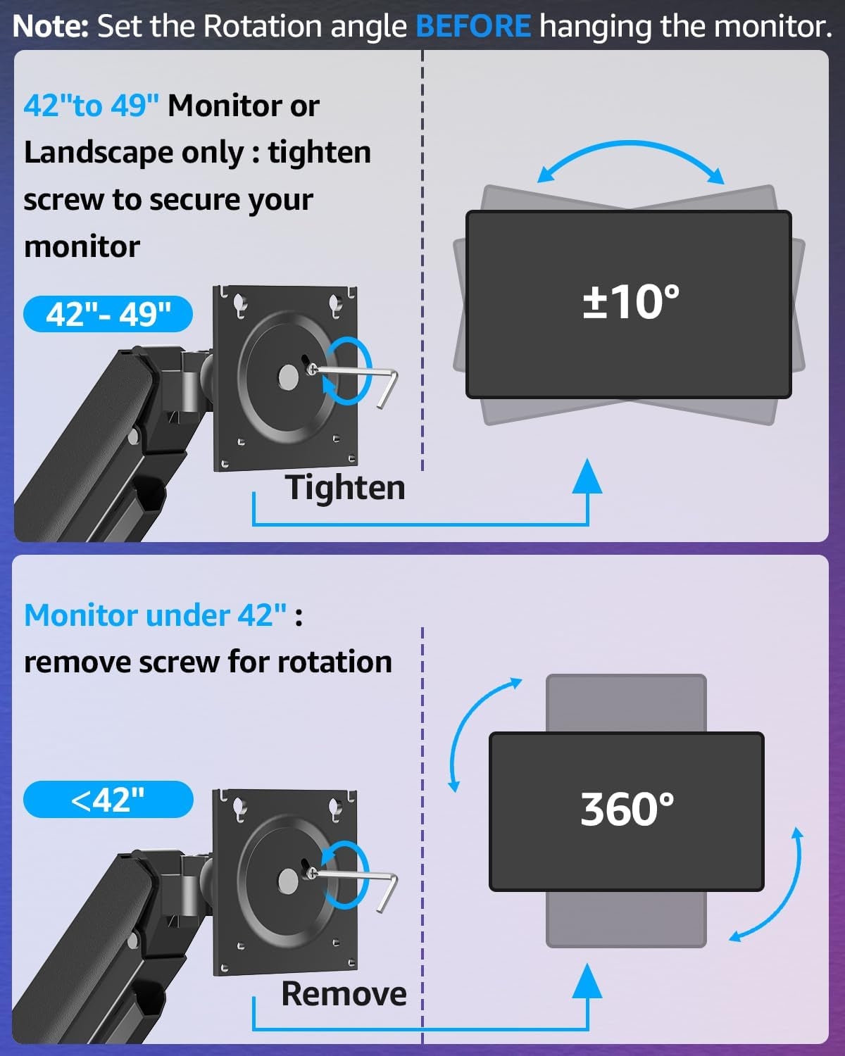 Monitor Wall Mount for 49 45 43 40 35 32 27 24 Inch Screens, Heavy Duty Wall Monitor Mount, Holds 4.4 to 44 Lbs, Ultrawide Monitors Arm Wall Mount, VESA Mount 75X75/100X100Mm