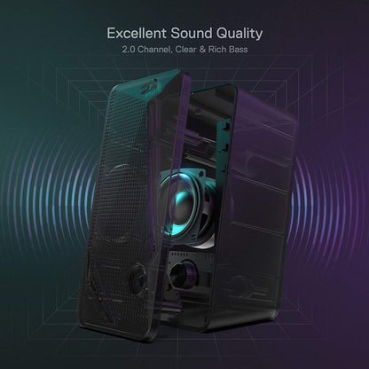 GS510 RGB Wired Desktop Speakers, 2.0 Channel Stereo Sound, Black | 4 Colorful LED Backlight Modes, Enhanced Bass, Easy-Access Volume Control, Plug & Play USB Powered PC Gaming Speaker