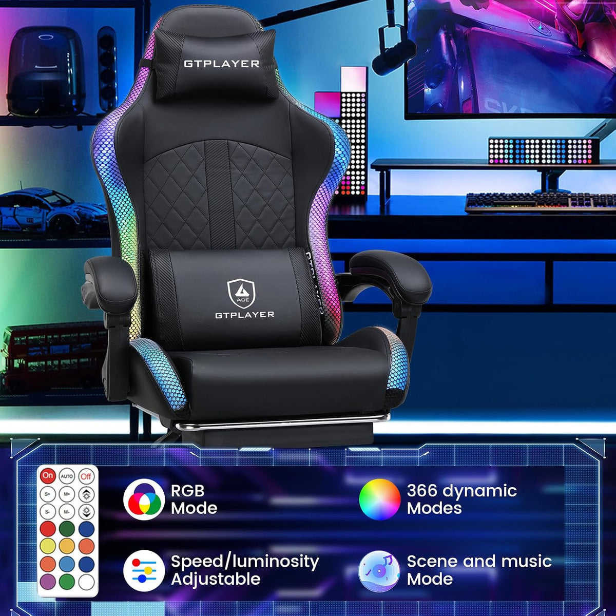 RGB Gaming Chair with Speakers - LED Computer Game Chair for Adults, PC Home Office Chairs with Footrest & Lights, Reclining Desk Chairs, Dark Black