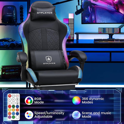RGB Gaming Chair with Speakers - LED Computer Game Chair for Adults, PC Home Office Chairs with Footrest & Lights, Reclining Desk Chairs, Dark Black