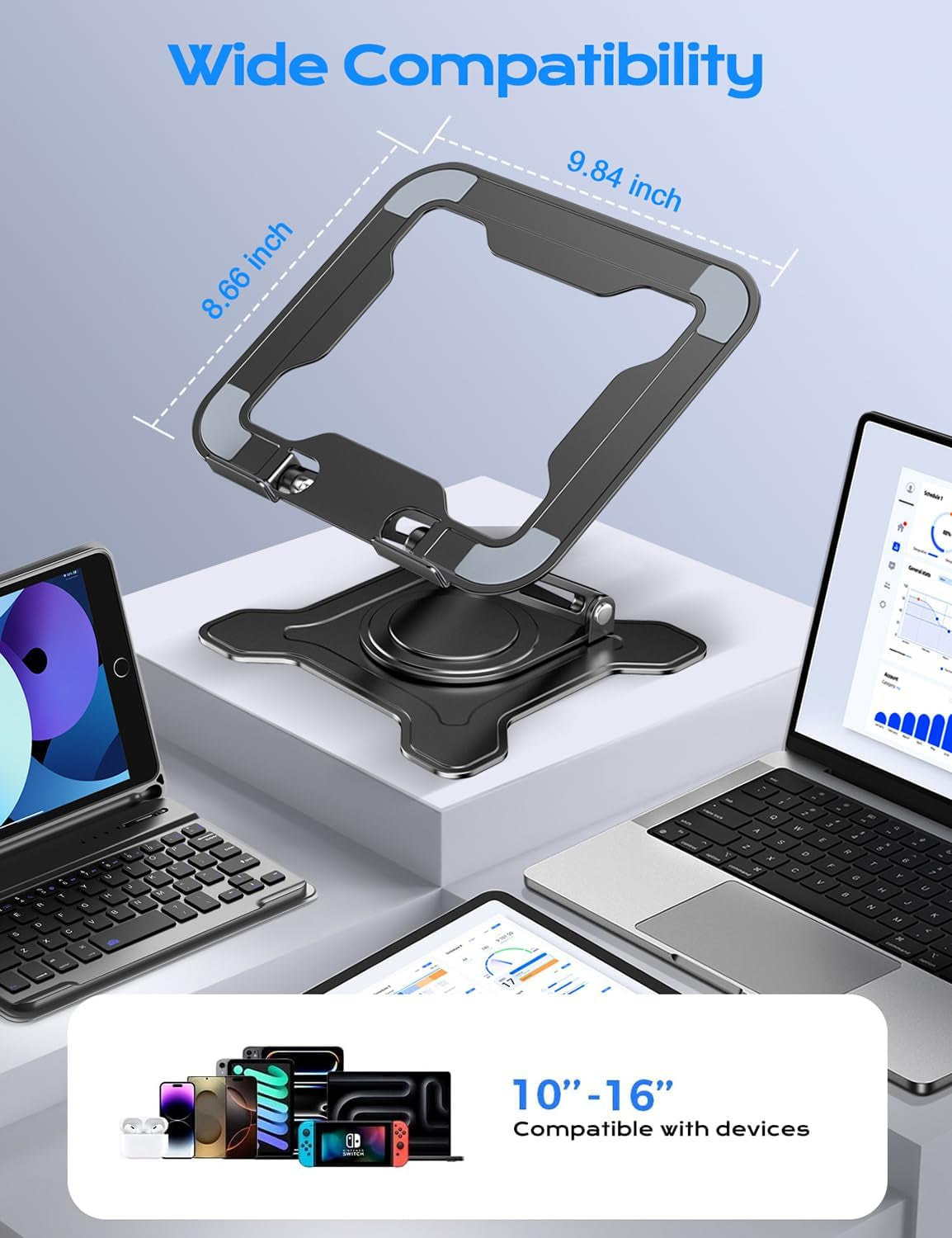 360° Rotating Laptop Stand for Desk, Metal Foldable Laptop Riser Black | Ergonomic Portable Adjustable Laptop Stand, Ventilated Cooling Notebook Holder for Macbook Air Pro, All 10-16'' Laptops