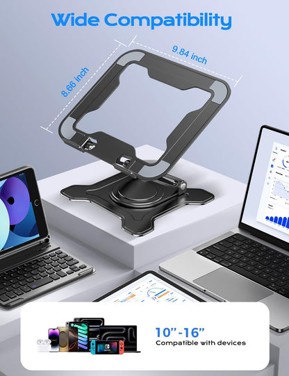 360° Rotating Laptop Stand for Desk, Metal Foldable Laptop Riser Black | Ergonomic Portable Adjustable Laptop Stand, Ventilated Cooling Notebook Holder for Macbook Air Pro, All 10-16'' Laptops