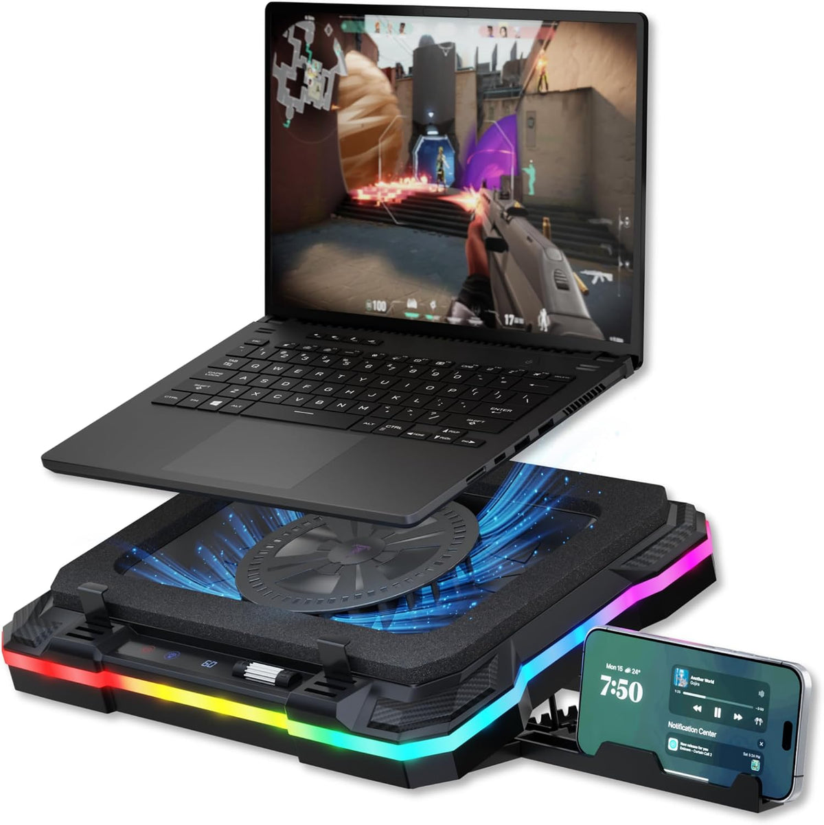 Gaming Laptop Cooling Pad with USB Hub - Boost Performance, Stay Comfortable - RGB Laptop Cooler Stand with Adjustable Height & Fan Speed, RGB, USB (C + A) Hub, for 15.6" - 19" Laptops
