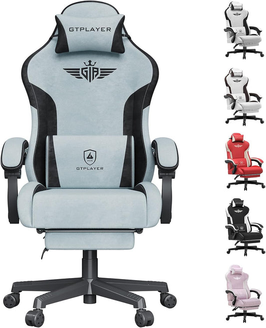 Gaming Chair, Computer Office Chair Lumbar Support, Linkage Armrests and Footrest, Ergonomic Game Chair for Adults with Extended Backrest, Velvet Fabric, Light Blue