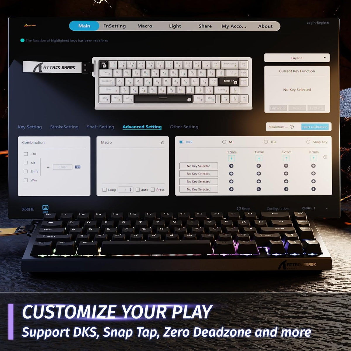 X68 HE RT Mechanical Gaming Keyboard 60% Wired Tkl-Black | Adjustable Actuation,Hall Effect Magnetic Switch,8Khz Polling Rate,Rgb Backlit,Top Mount, Web Driver for PC Mac Esport Gamer