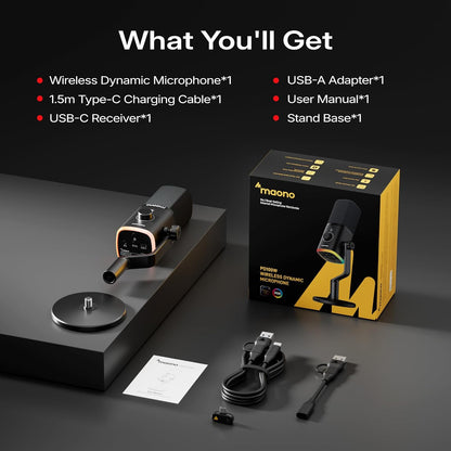 PD100W Wireless Dynamic Gaming Microphone for PC with USB-C Receiver | One-Click Noise Reduction,Custom Rgb,Mute,Monitoring, Companion App,Wireless Desktop Mic for Creator, Stream, Podcast, Black