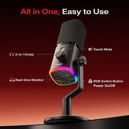 PD100W Wireless Dynamic Gaming Microphone for PC with USB-C Receiver | One-Click Noise Reduction,Custom Rgb,Mute,Monitoring, Companion App,Wireless Desktop Mic for Creator, Stream, Podcast, Black