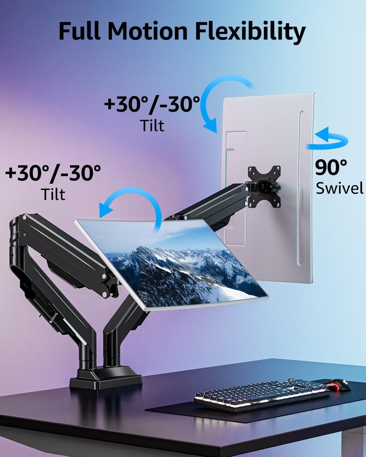Dual Monitor Stand for Max 43 Inch Screens, Ultrawide Monitor Arm Height Adjustable, Heavy Duty Dual Monitor Mount, Full Motion Premium Monitors Arm, Holds 2.2 to 33 Lbs, VESA Desk Mount