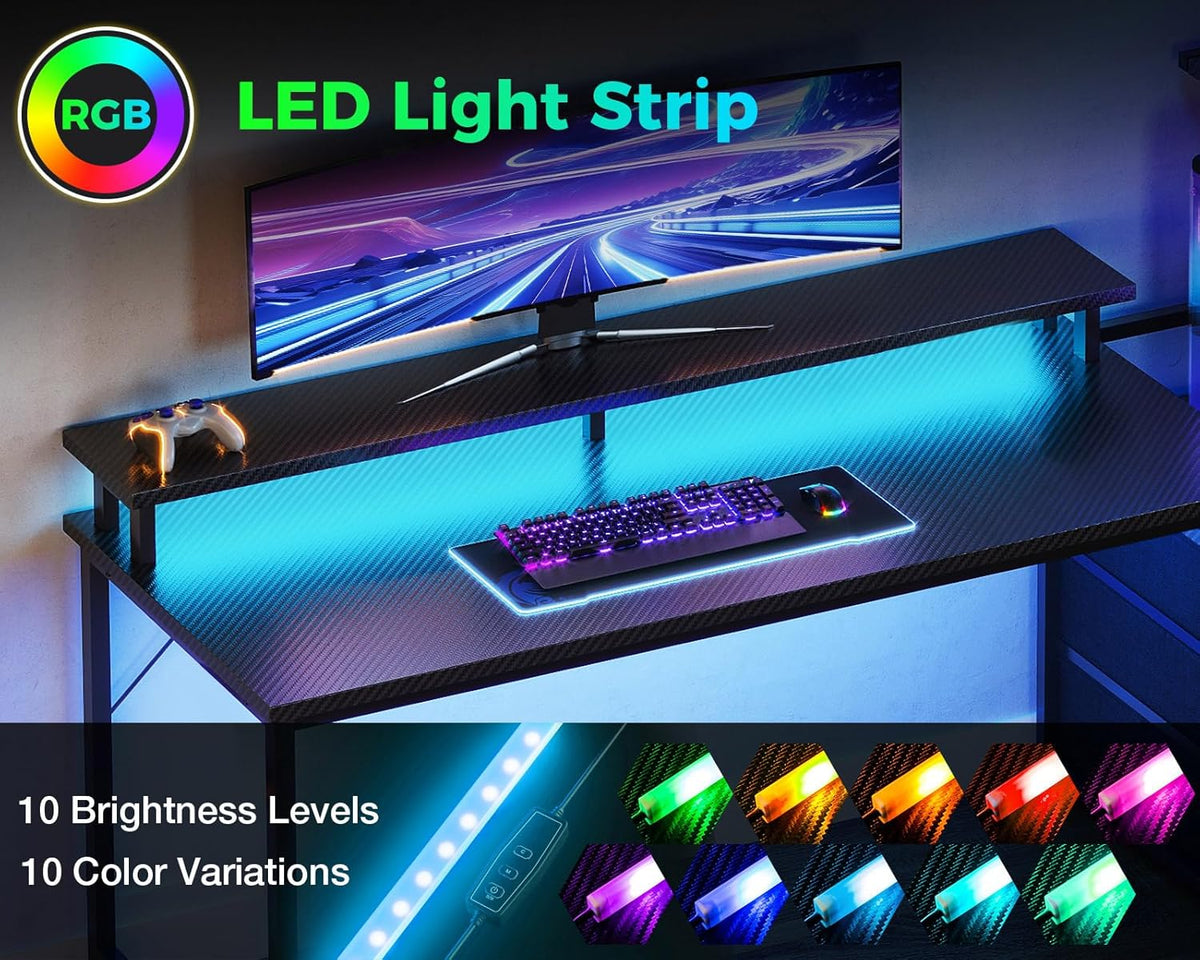 Gaming Desk W/Pc Showcase Stand, 59" Reversible, RGB LED, Black | Elevated Stand Fits Lian Li O11, Hyte Y60. Triple Drawers Hide Cables, Controllers, Clutter