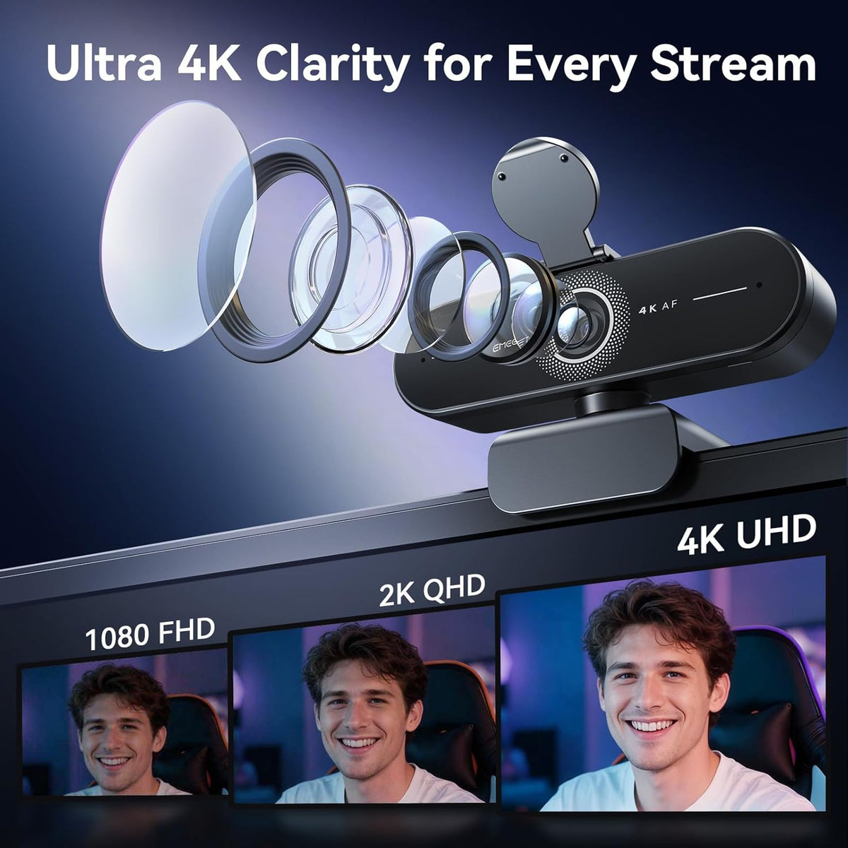 C60E 4K Webcam for Streaming & Gaming，Pdaf Autofocus | Dual Mics, Live Streaming Camera with Auto Light Correction, Plug & Play USB Webcam for PC & Mac