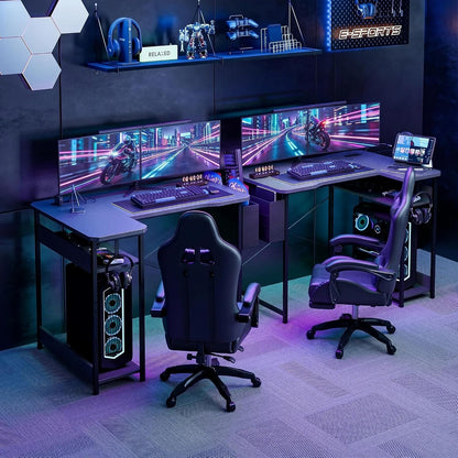 L Shaped Gaming Desk 48 Inch - Computer Corner Desk with Power Outlets, Reversible Shelves & Storage Bag for Home Office, PC Gaming Table, Black Carbon