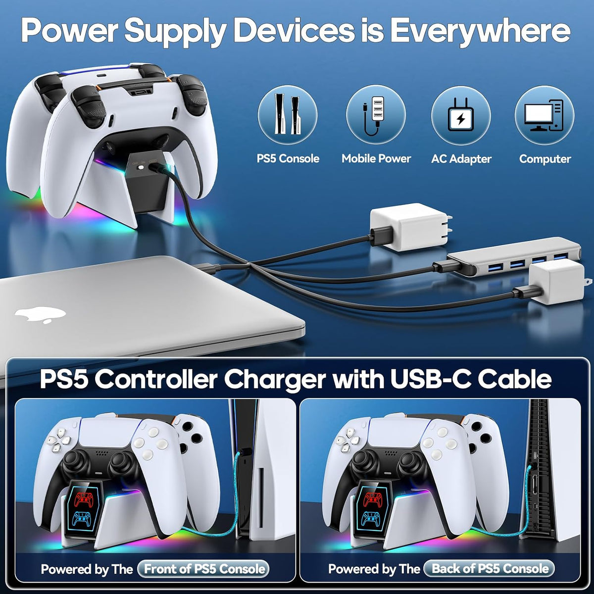 PS 5 Controller Charger Station Compatible with Playstation 5 Edge & Dual Controller, 9 Lightings PS 5 Accessories Charging Station, PS 5 Dock Stand with LED Indicator for Playstation Consoles