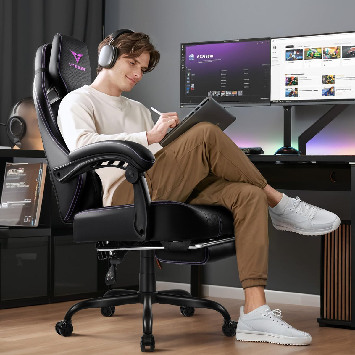 Big and Tall Gaming Chair with Footrest,Ergonomic Video Gaming Chair with Oversized Headrest and Lumbar Support for Adults 400Lb Weight Capacity,Computer Chair for Office or Gaming (Purple)