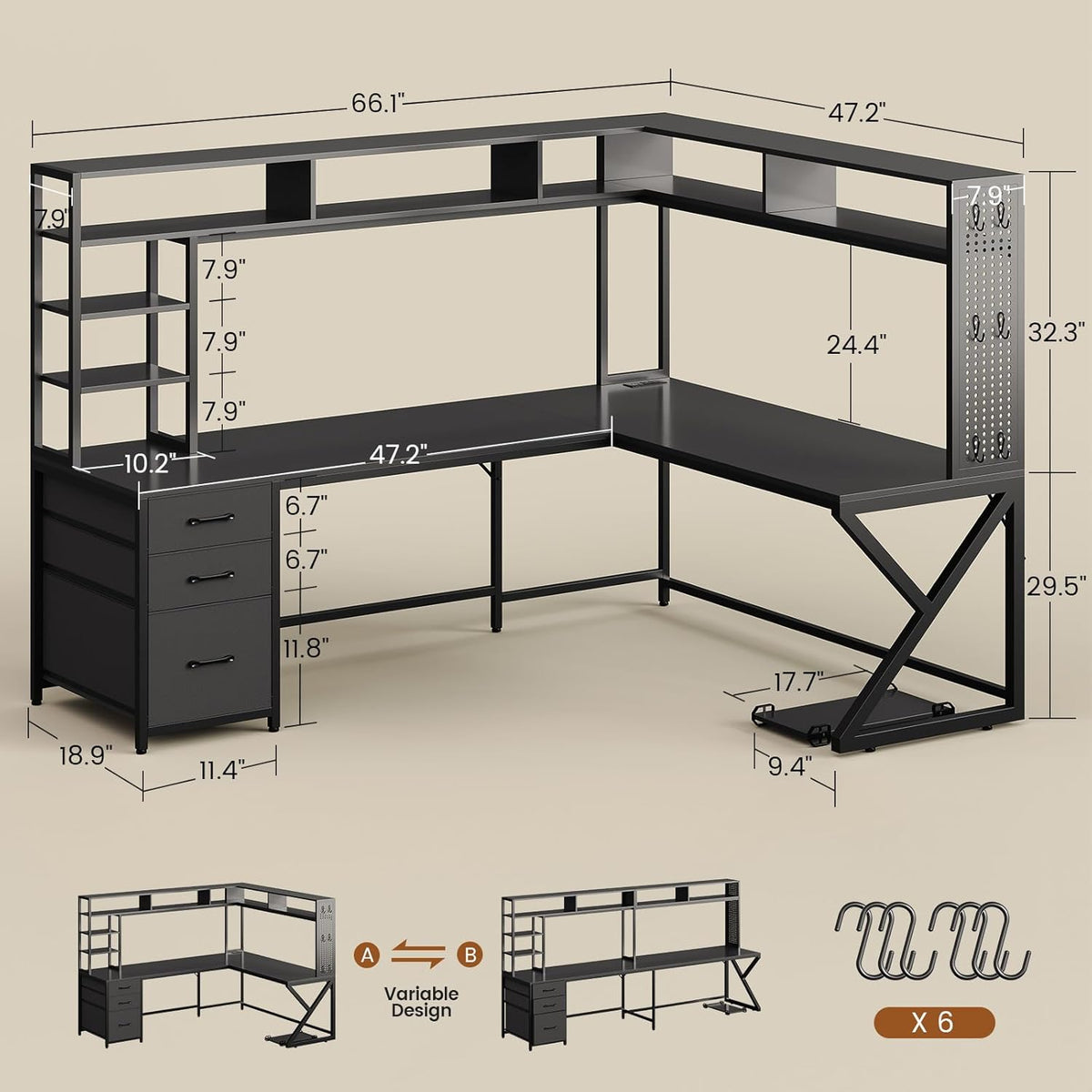 L Shaped Gaming Desk with Storage Shelves, Hutch, Drawers | Convertible 94.5" Computer Desk with Power Outlet, LED Lights, Pegboard, Corner Gaming Table for Home Office, Black