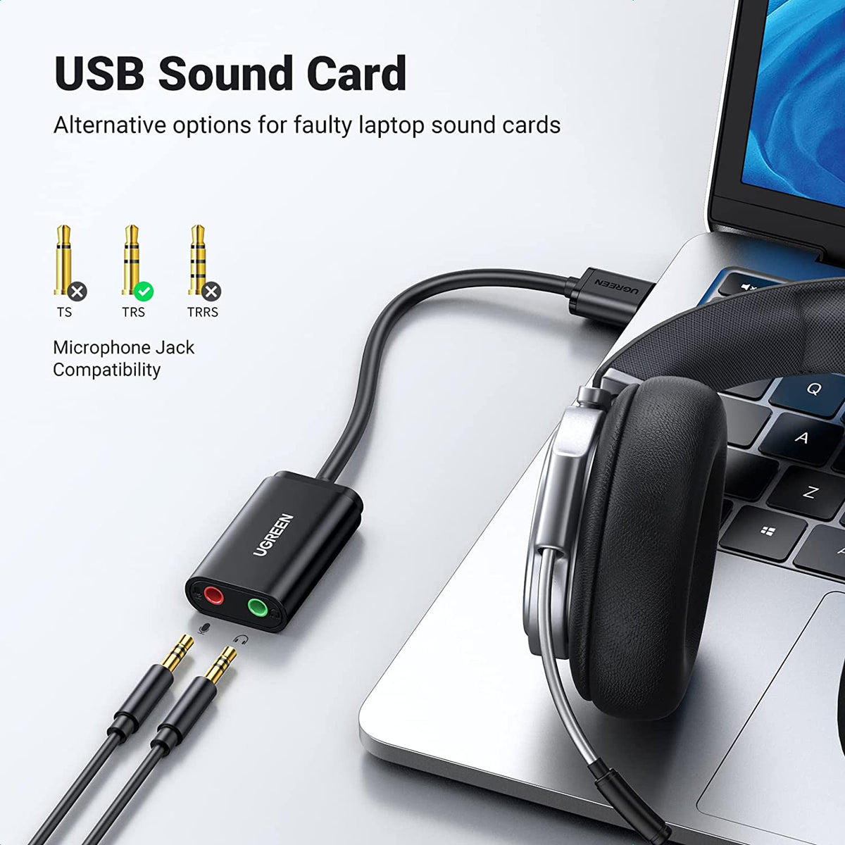 UGREEN USB to Audio Jack Sound Card Adapter with TRS 3.5Mm Headphone & Mics | USB Sound Card Jack Adapter Compatible with Computer, PS5, PS4, USB Audio Stereo Adapter External Sound Card
