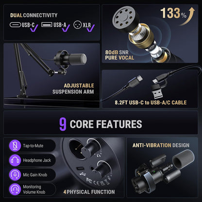 Amplitank K688CT Podcast Microphone Kit, USB/XLR Dynamic Vocal Mic | Streaming Mic with Boom Arm for PC/XLR Mixer, with Mute Button, Headphone Jack, Gain Knob, for Gaming Voice-Over Recording