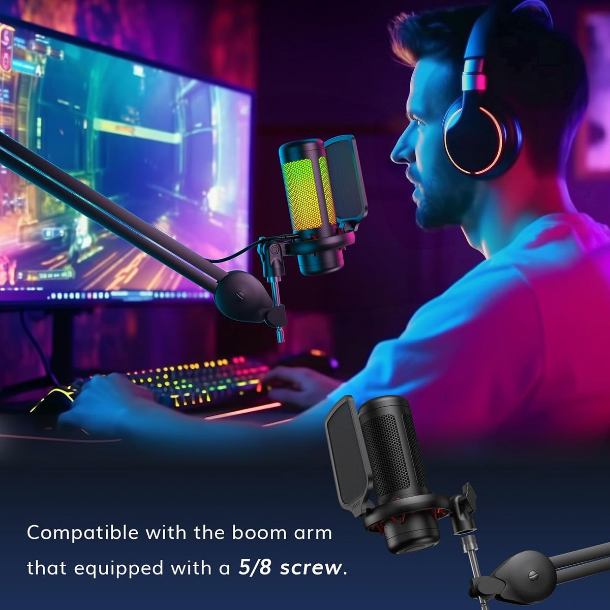 Gaming Microphone Set, PC Condenser Mic with RGB for Gamers | Desktop Stand Set, Quick Mute, Volume Control, for Twitch Streaming, Discord Chatting, 200 Cm/78'' Cable, Black, TC310