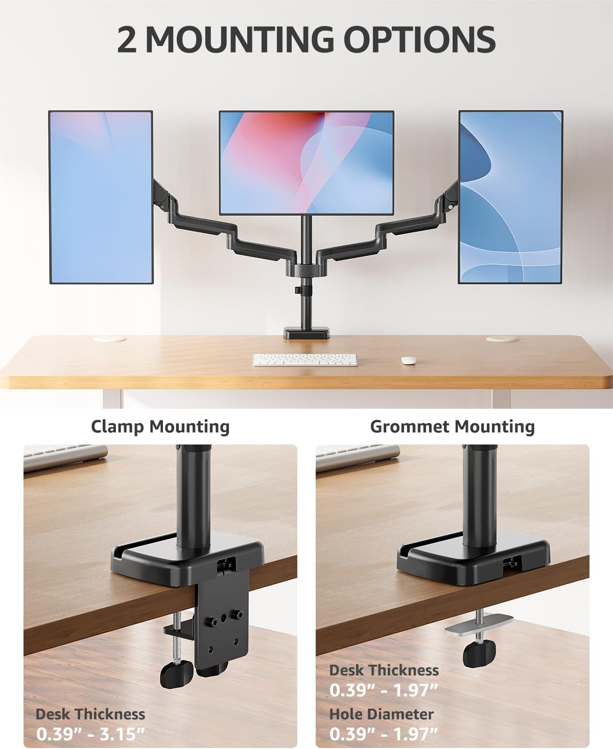 Triple Monitor Stand Mount - 3 Monitors Desk Mount for Computer Screens up to 27 Inch, Triple Monitor Arm, Heavy Duty Monitors Stand, Each Arm Holds 4.4-19.8 Lbs, Black