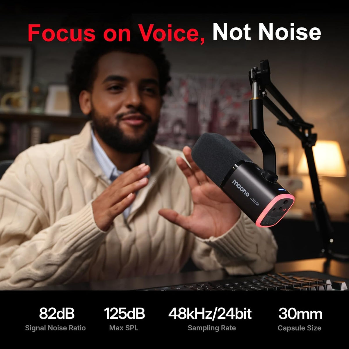 PD100W Wireless Dynamic Gaming Microphone for PC with USB-C Receiver | One-Click Noise Reduction,Custom Rgb,Mute,Monitoring, Companion App,Wireless Desktop Mic for Creator, Stream, Podcast, Black