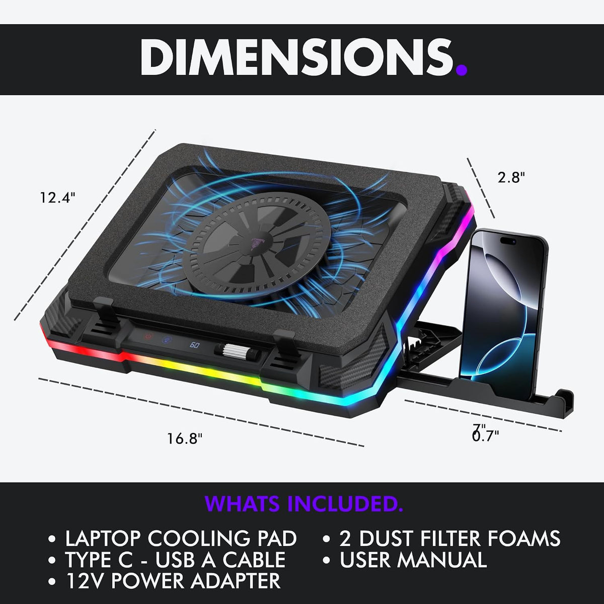 Gaming Laptop Cooling Pad with USB Hub - Boost Performance, Stay Comfortable - RGB Laptop Cooler Stand with Adjustable Height & Fan Speed, RGB, USB (C + A) Hub, for 15.6" - 19" Laptops