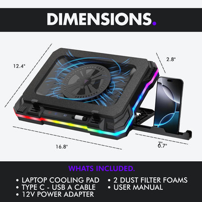 Gaming Laptop Cooling Pad with USB Hub - Boost Performance, Stay Comfortable - RGB Laptop Cooler Stand with Adjustable Height & Fan Speed, RGB, USB (C + A) Hub, for 15.6" - 19" Laptops