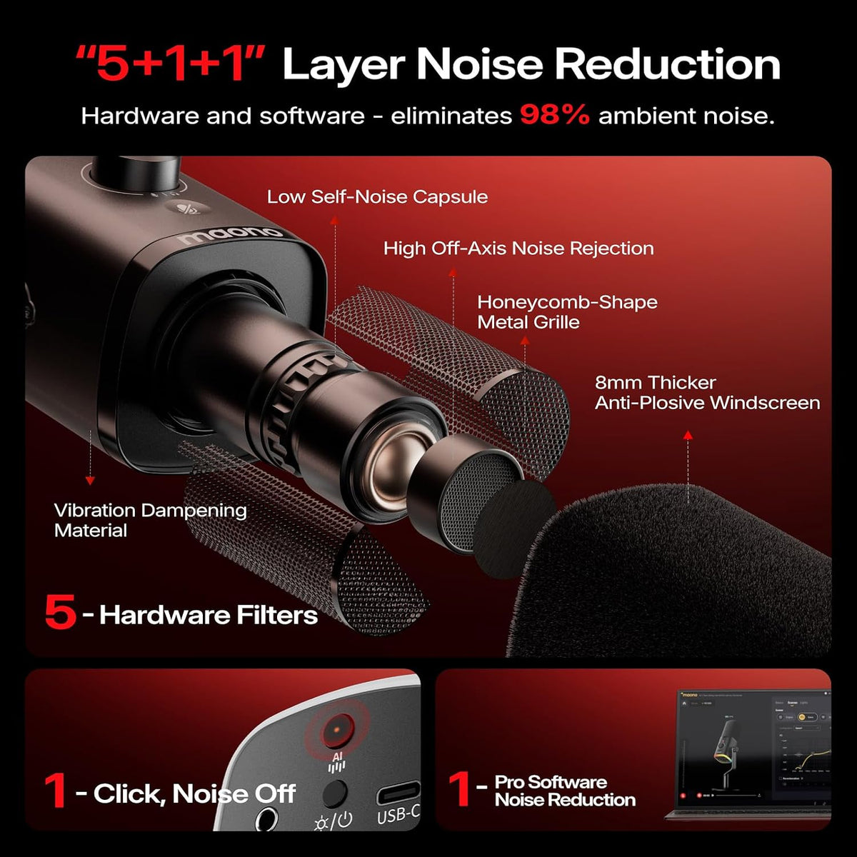 PD100W Wireless Dynamic Gaming Microphone for PC with USB-C Receiver | One-Click Noise Reduction,Custom Rgb,Mute,Monitoring, Companion App,Wireless Desktop Mic for Creator, Stream, Podcast, Black