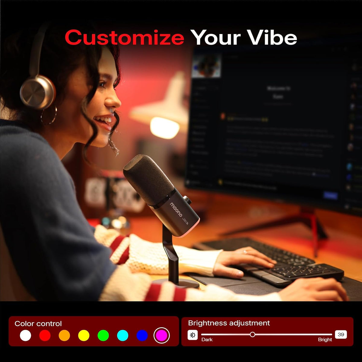 PD100W Wireless Dynamic Gaming Microphone for PC with USB-C Receiver | One-Click Noise Reduction,Custom Rgb,Mute,Monitoring, Companion App,Wireless Desktop Mic for Creator, Stream, Podcast, Black