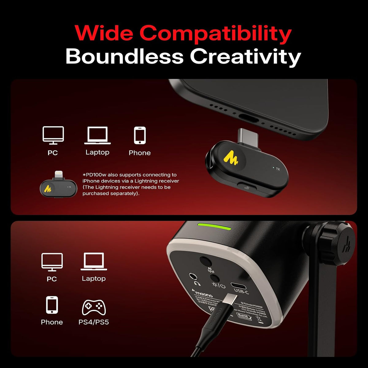 PD100W Wireless Dynamic Gaming Microphone for PC with USB-C Receiver | One-Click Noise Reduction,Custom Rgb,Mute,Monitoring, Companion App,Wireless Desktop Mic for Creator, Stream, Podcast, Black