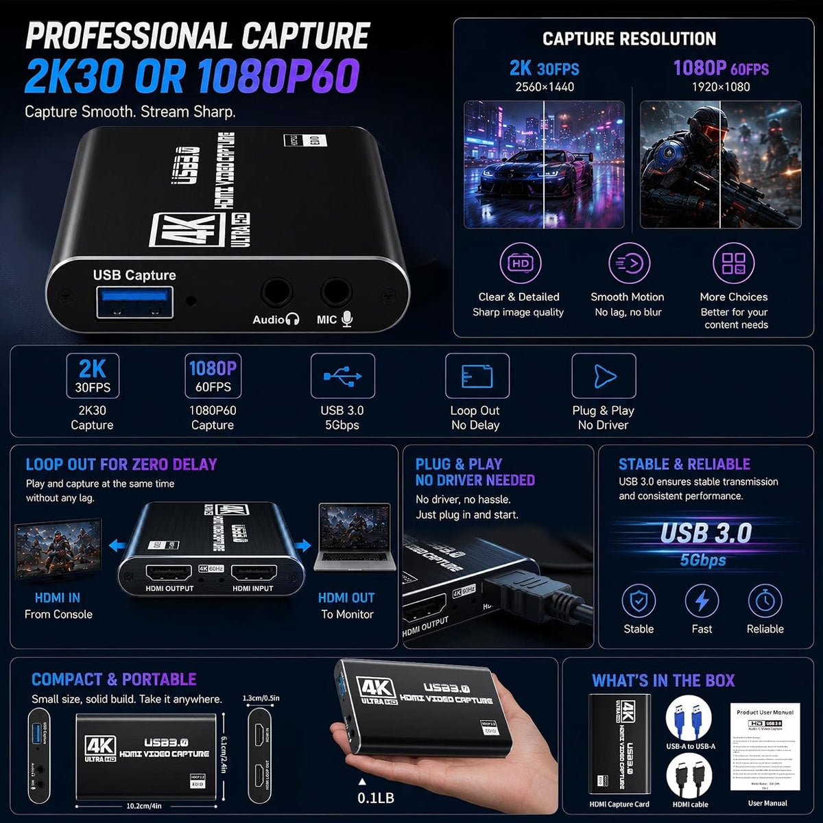 USB 3.0 HDMI Capture Card, 1080P 60FPS & 2K30 Video Capture Device | 4K HDMI Pass-Through, Mic Input & Audio Output, USB Video Game Capture for OBS Streaming, PS5, Switch 2/1, Xbox1, Camera, PC