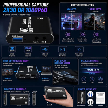 USB 3.0 HDMI Capture Card, 1080P 60FPS & 2K30 Video Capture Device | 4K HDMI Pass-Through, Mic Input & Audio Output, USB Video Game Capture for OBS Streaming, PS5, Switch 2/1, Xbox1, Camera, PC