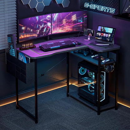 L Shaped Gaming Desk 48 Inch - Computer Corner Desk with Power Outlets, Reversible Shelves & Storage Bag for Home Office, PC Gaming Table, Black Carbon