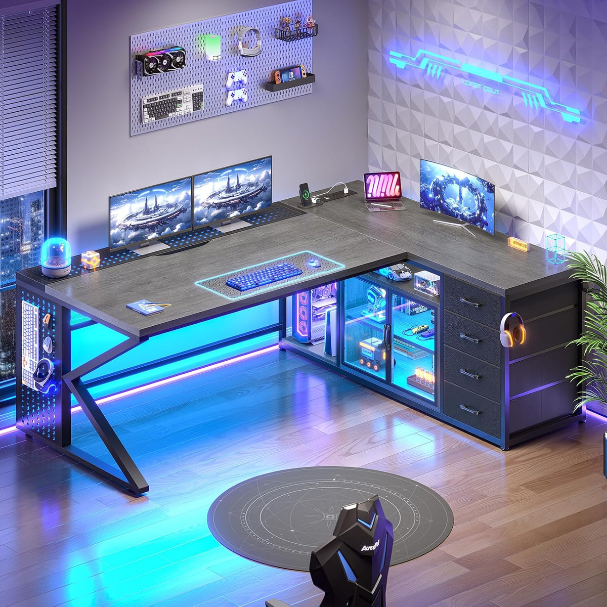 63"X27.6" L Shaped Gaming Desk with 4 Drawers Storage, Grey | Corner Office Desk with LED Lights & Acrylic Cabinet for Home Office, Executive Computer Desk for Bedroom