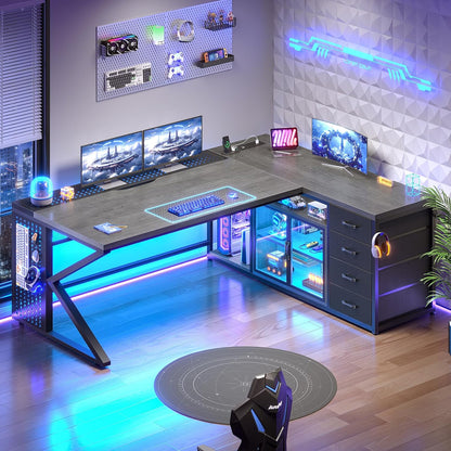 63"X27.6" L Shaped Gaming Desk with 4 Drawers Storage, Grey | Corner Office Desk with LED Lights & Acrylic Cabinet for Home Office, Executive Computer Desk for Bedroom