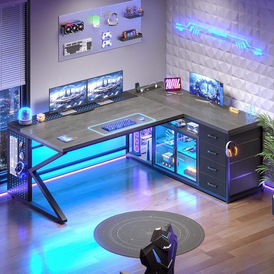 63"X27.6" L Shaped Gaming Desk with 4 Drawers Storage, Grey | Corner Office Desk with LED Lights & Acrylic Cabinet for Home Office, Executive Computer Desk for Bedroom
