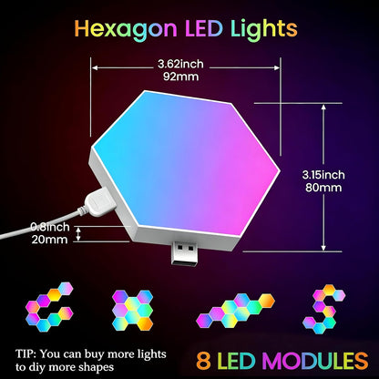 8 Pack Hexagon Lights LED Wall Panels, RGB Color Gaming Light Decoration with App/Music Sync & Remote, Boys DIY Smart Modular Hexagonal Honeycomb Bedroom Glide Hex Tiles Panel