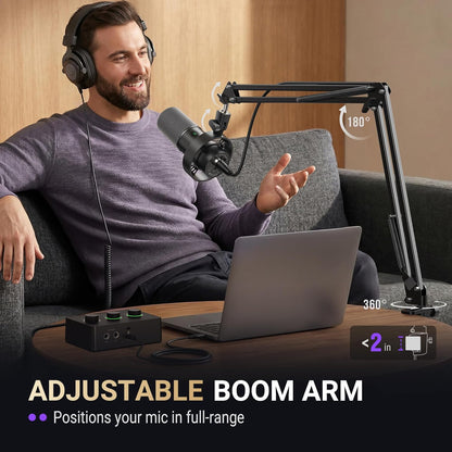 Amplitank K688CT Podcast Microphone Kit, USB/XLR Dynamic Vocal Mic | Streaming Mic with Boom Arm for PC/XLR Mixer, with Mute Button, Headphone Jack, Gain Knob, for Gaming Voice-Over Recording