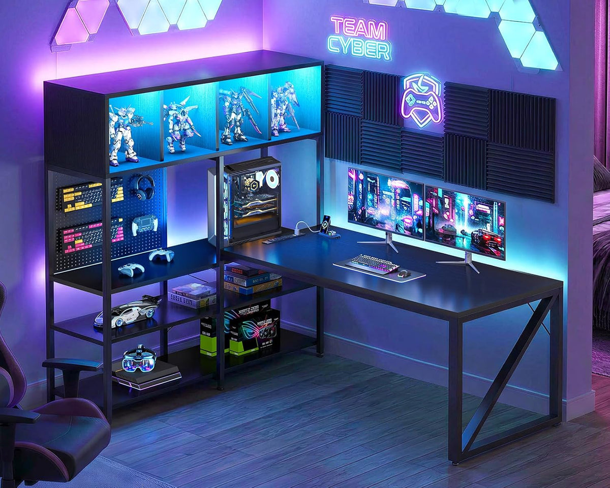 63" L Shaped Gaming Desk with Display Hutch and Large Desktop, Black | LED Lights, Power Outlets, PC Tower Display Shelf, Pegboard, Storage Shelves, Reversible Layout for Gaming and Home Office