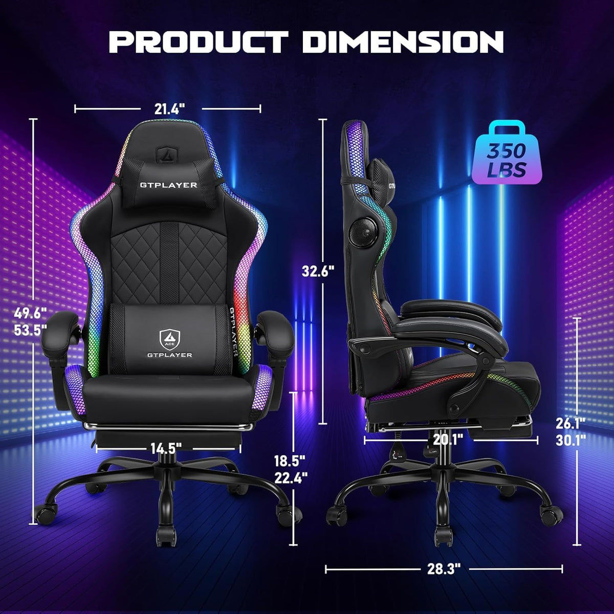 RGB Gaming Chair with Speakers - LED Computer Game Chair for Adults, PC Home Office Chairs with Footrest & Lights, Reclining Desk Chairs, Dark Black