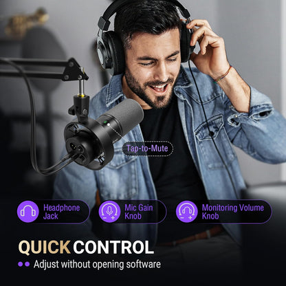 Amplitank K688CT Podcast Microphone Kit, USB/XLR Dynamic Vocal Mic | Streaming Mic with Boom Arm for PC/XLR Mixer, with Mute Button, Headphone Jack, Gain Knob, for Gaming Voice-Over Recording