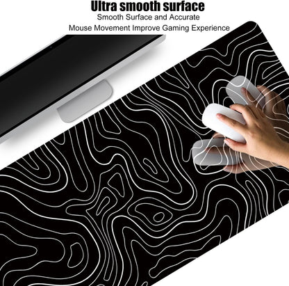 Black Topographic Large Gaming Mouse Pad Extended XXL(900 * 400 * 3MM) Mouse Mat Long Desk Pad with Stitched Edges for Keyboard Home Office Gaming Work Big Desk Mat