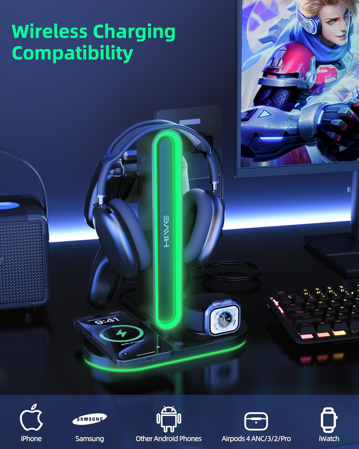 Headphone Stand, Dual Controller Holder, Magsafe Charger for Iphone/Iwatch | RGB Gaming Headset Stand for All Headphones, Dual Outputs, ABS Solid Base, Adapter Included, Table Desk Organizer