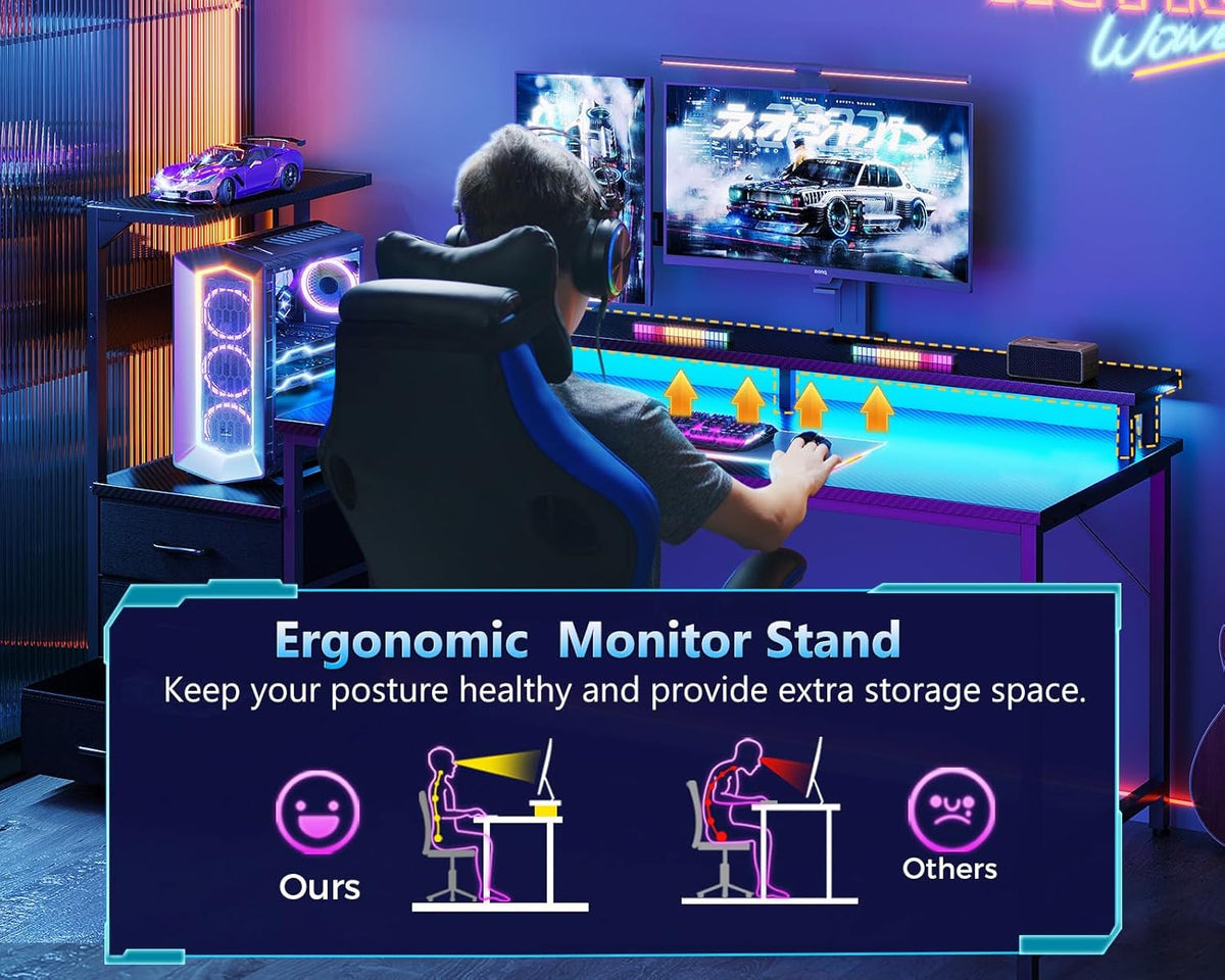 Gaming Desk W/Pc Showcase Stand, 59" Reversible, RGB LED, Black | Elevated Stand Fits Lian Li O11, Hyte Y60. Triple Drawers Hide Cables, Controllers, Clutter